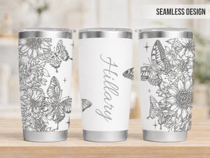 Personalized Full Wrap 20 oz Tumbler - Butterfly & Sunflowers