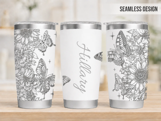 Personalized Full Wrap 20 oz Tumbler - Butterfly & Sunflowers