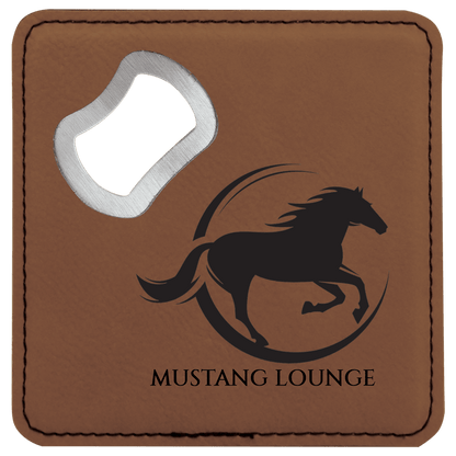 Dark Brown 4" x 4" Square Laserable Leatherette Coaster with Bottle Opener
